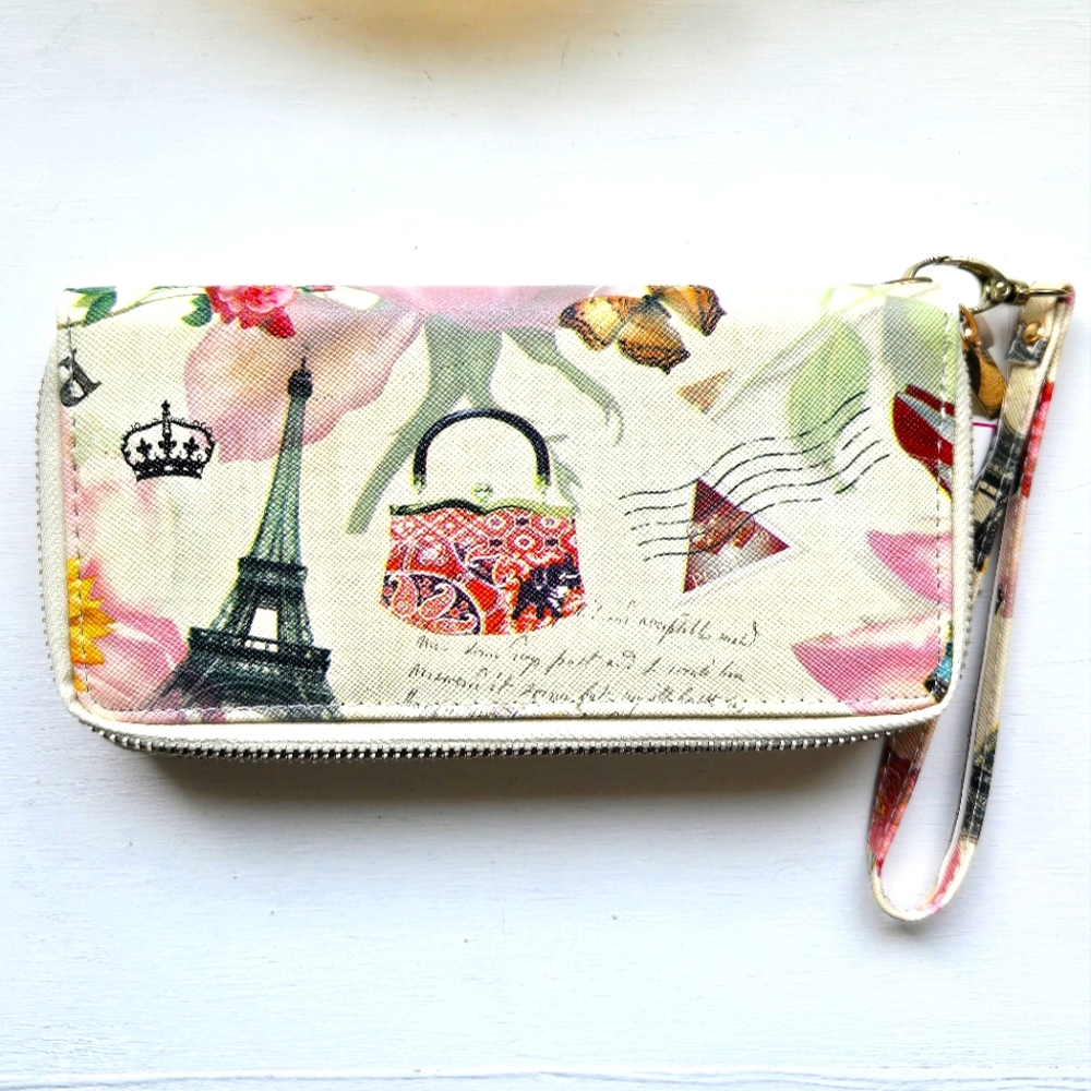 3/10$ NWT Paris Theme Multicolor Wristlet Fashion Wallet Dbl Goldtone Ziparound - Picture 2 of 6